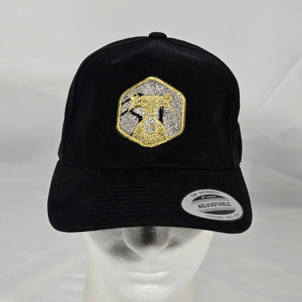 Black Baseball Cap with Gold & Silver Embroidered Crest - Adjustable